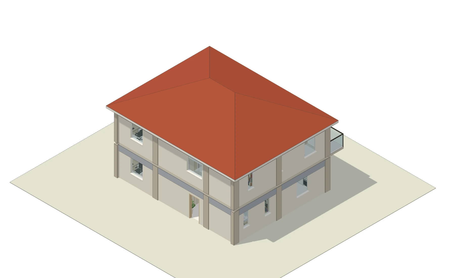 Vista 3D nell'editor: due piani, tetto a padiglione e balcone
