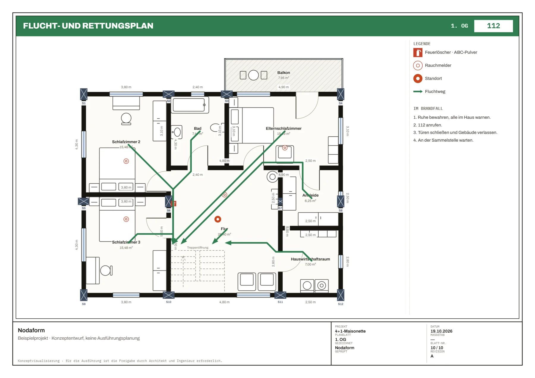 Flucht- und Rettungsplan 1. OG: Fluchtpfeile von den Räumen zur Treppe