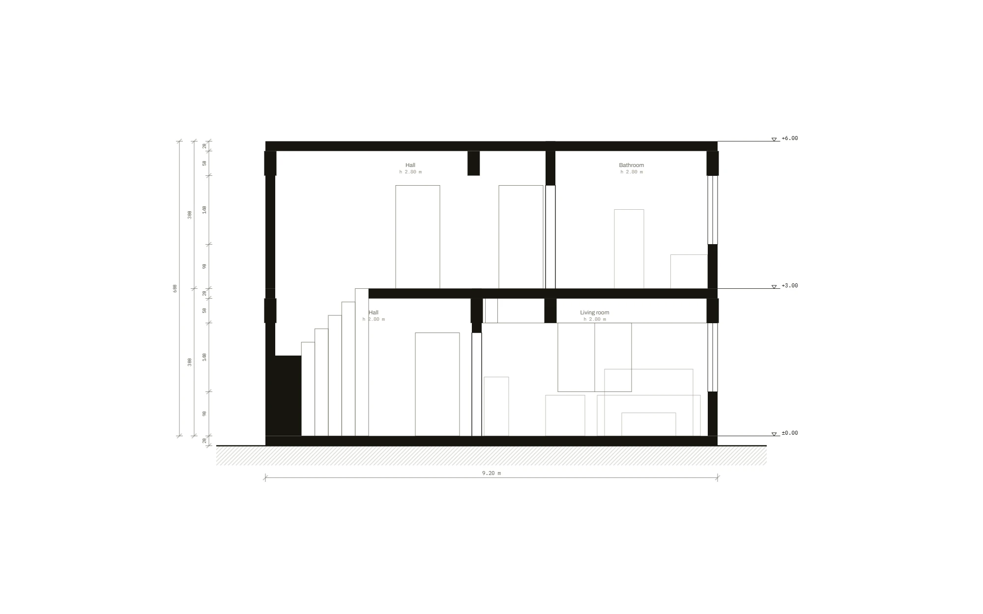 Section A–A: stairs, hall and bathroom, floor heights and levels