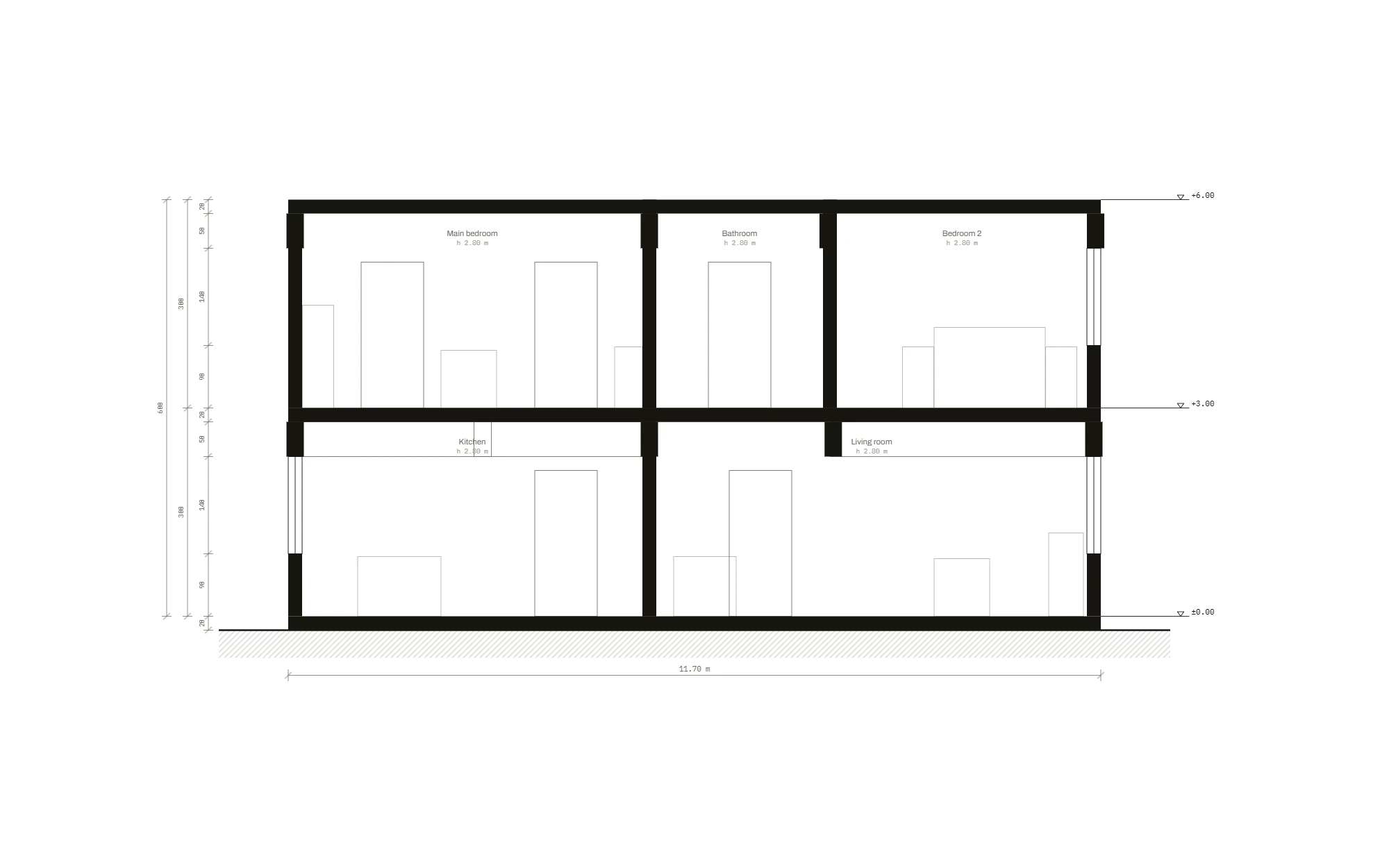 Section B–B: living room, kitchen and the rooms upstairs