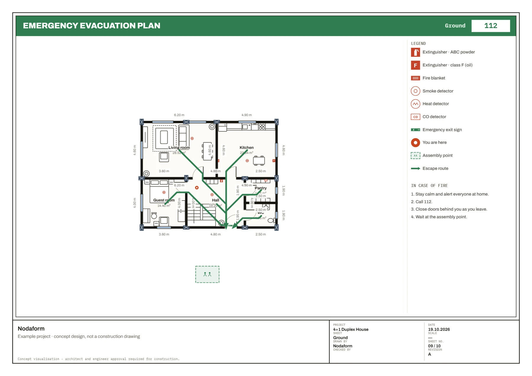 Ground floor emergency evacuation plan: escape arrows, fire equipment legend and instructions