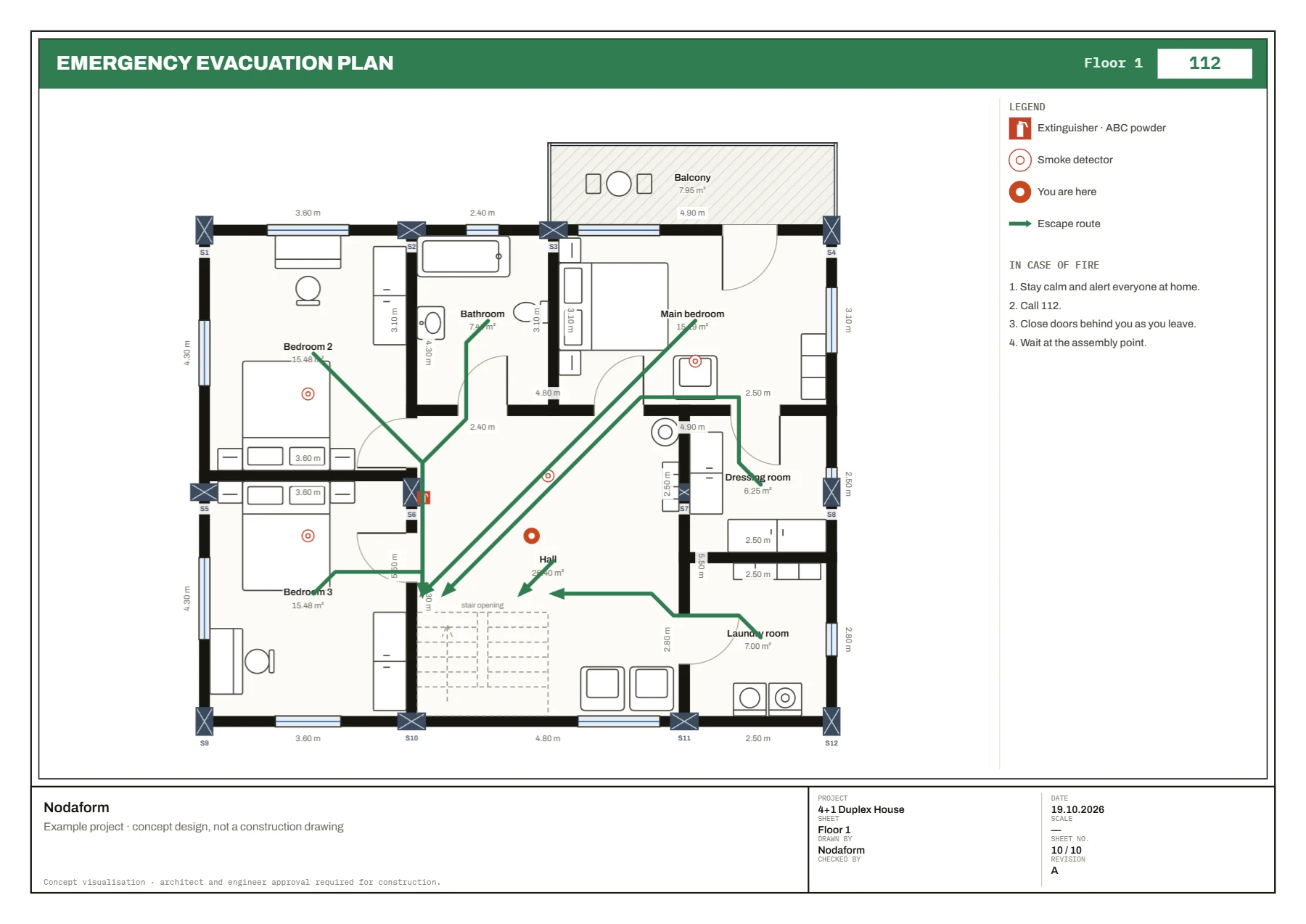 First floor emergency evacuation plan: escape arrows from the rooms to the stairs