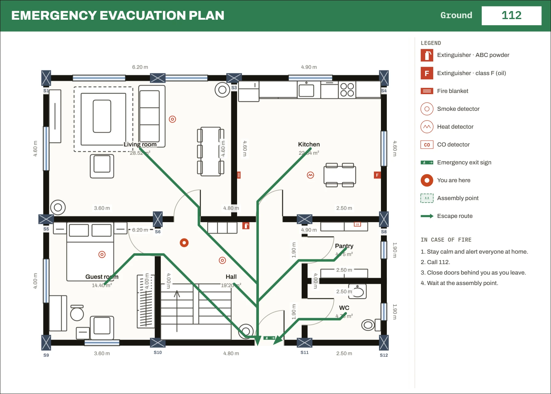 Ground floor emergency evacuation plan: escape arrows, fire equipment legend and instructions