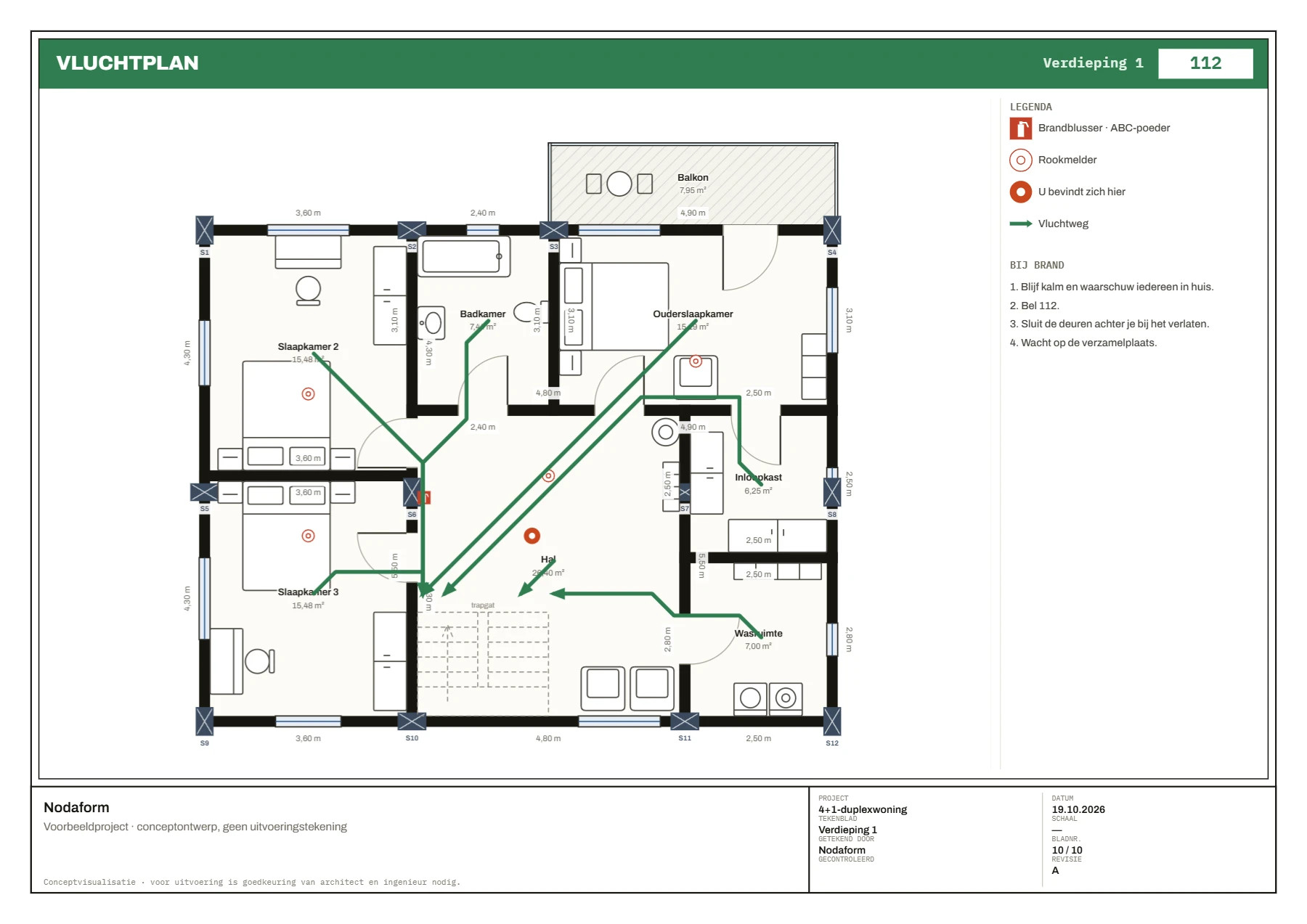 Vluchtplan verdieping 1: vluchtpijlen van de kamers naar de trap