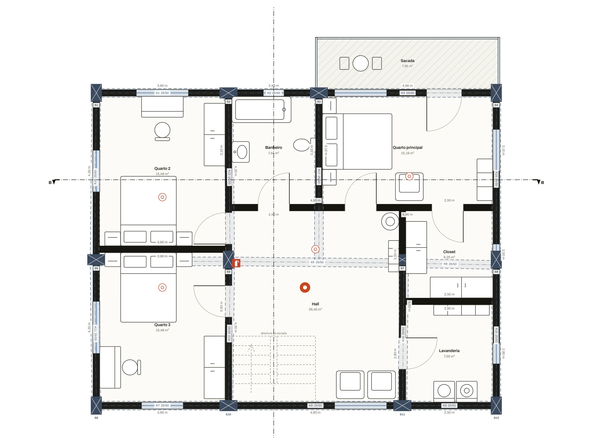 Planta do 1º pavimento: quarto principal e sacada, closet, dois quartos, banheiro, lavanderia e hall