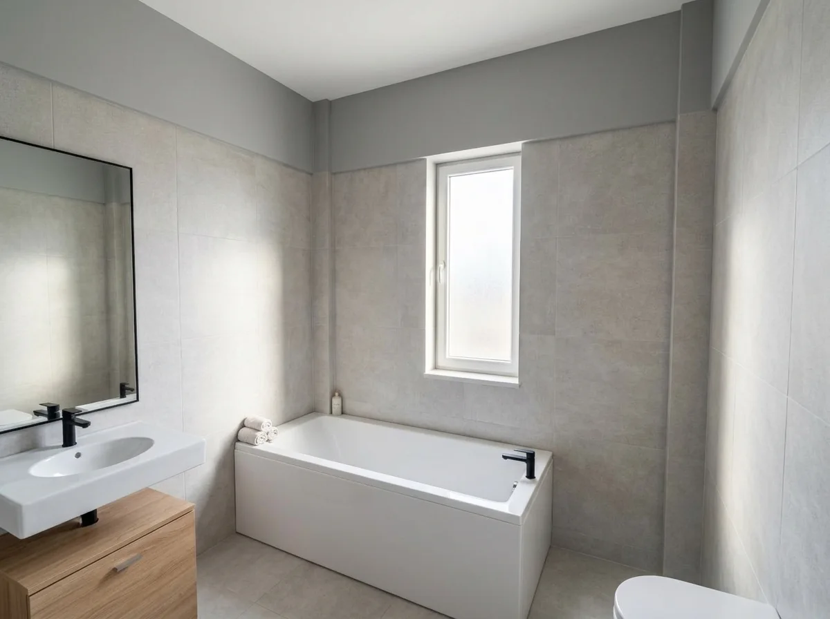 Render del bagno: lavabo con specchio, vasca sotto la finestra e WC