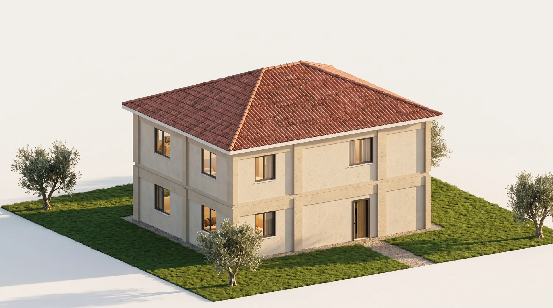 Render esterno del duplex 4+1: due piani, tetto a padiglione in tegole, porta d'ingresso sulla facciata sud e giardino