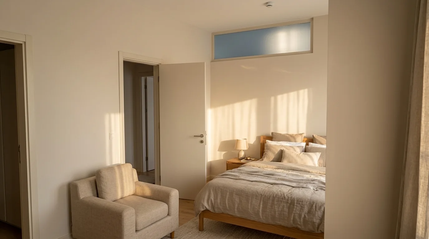 Render della camera matrimoniale: letto matrimoniale con biancheria di lino e poltrona, luce del tramonto