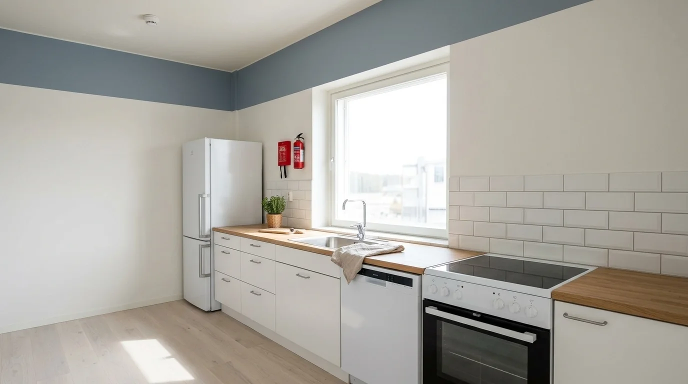 Render della cucina: frigorifero, lavello sotto la finestra, lavastoviglie, forno, estintore e coperta antifiamma