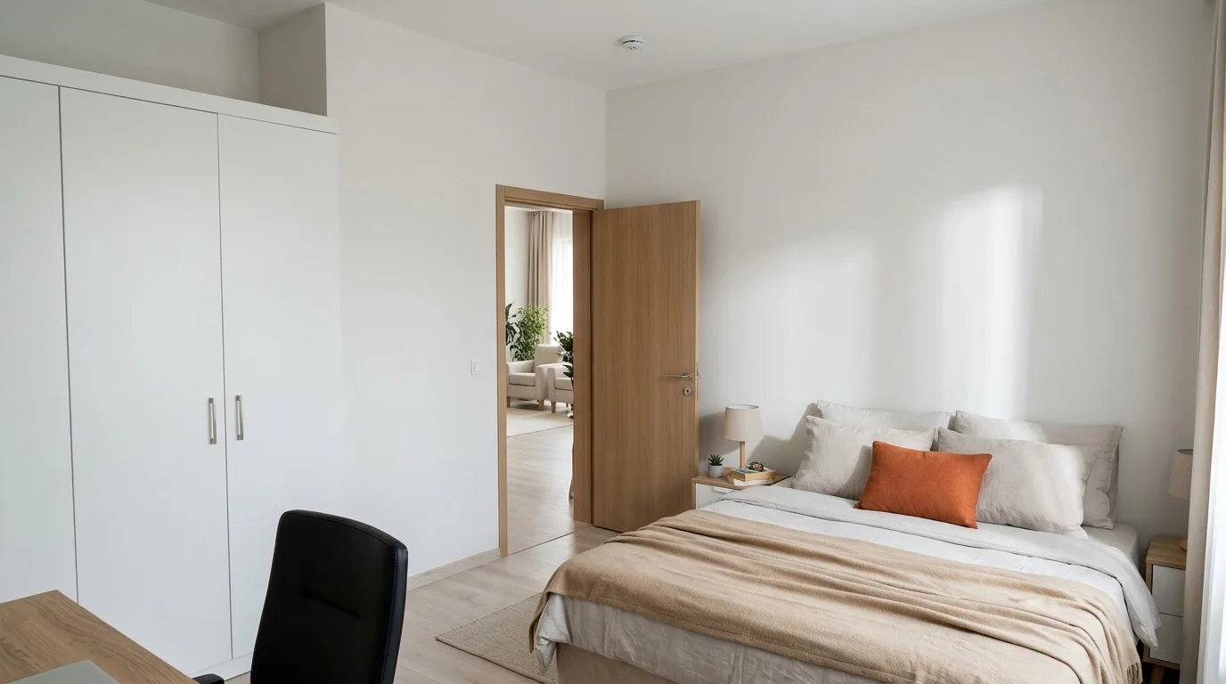 Render della camera da letto: armadio, scrivania e letto matrimoniale