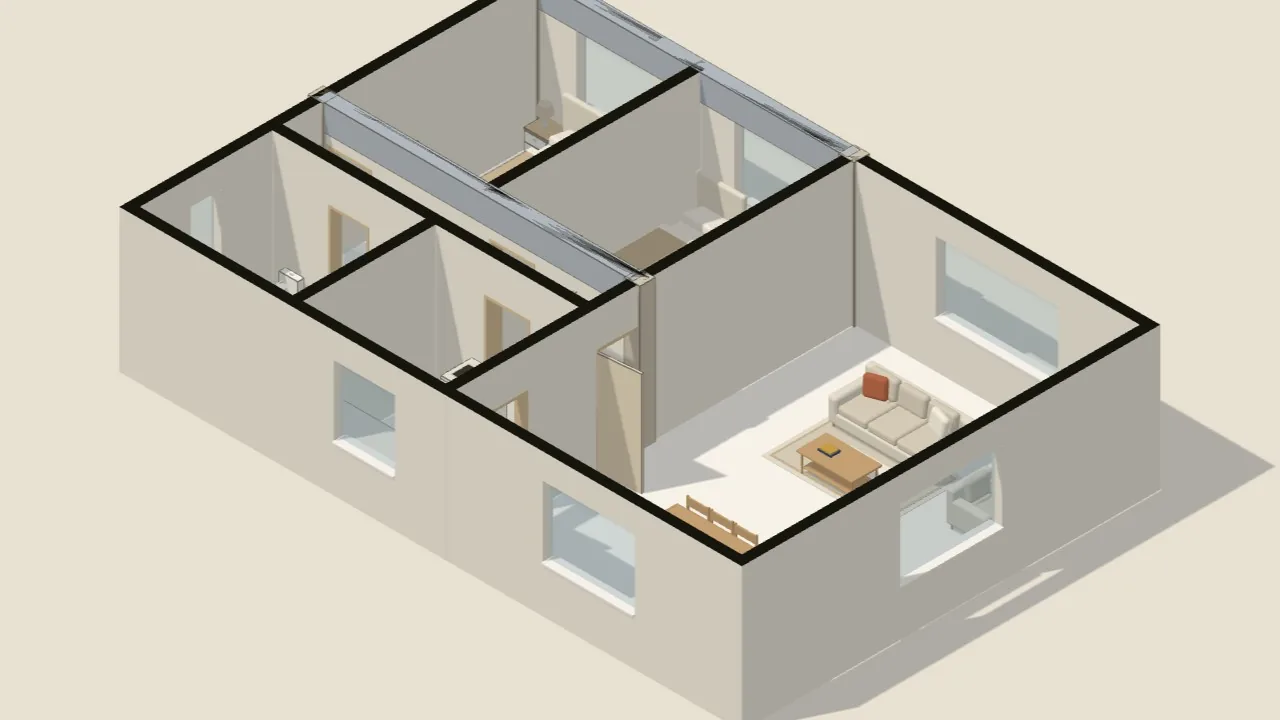 Roofless 3D model of a 3-bedroom flat