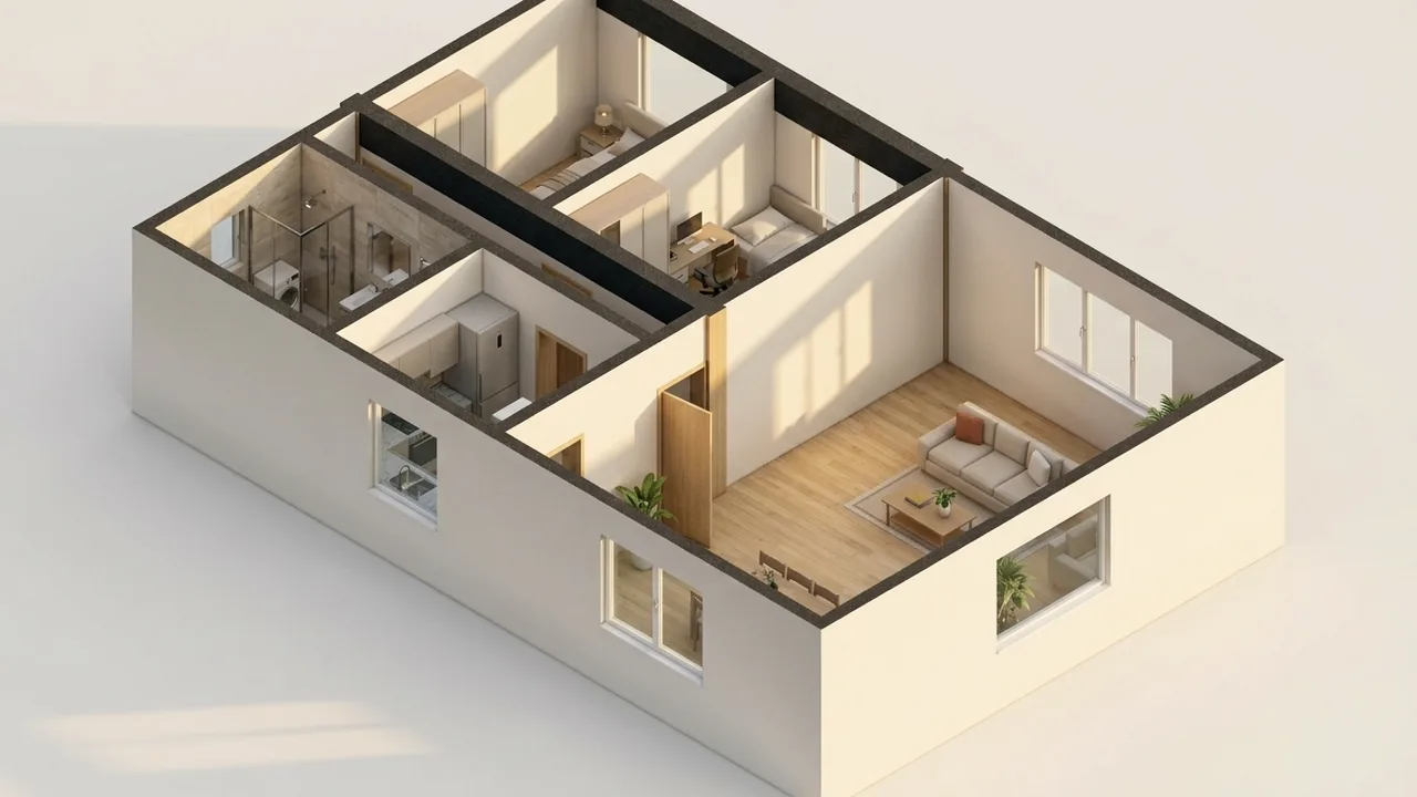 AI render of the same floor: modern style, sunset light
