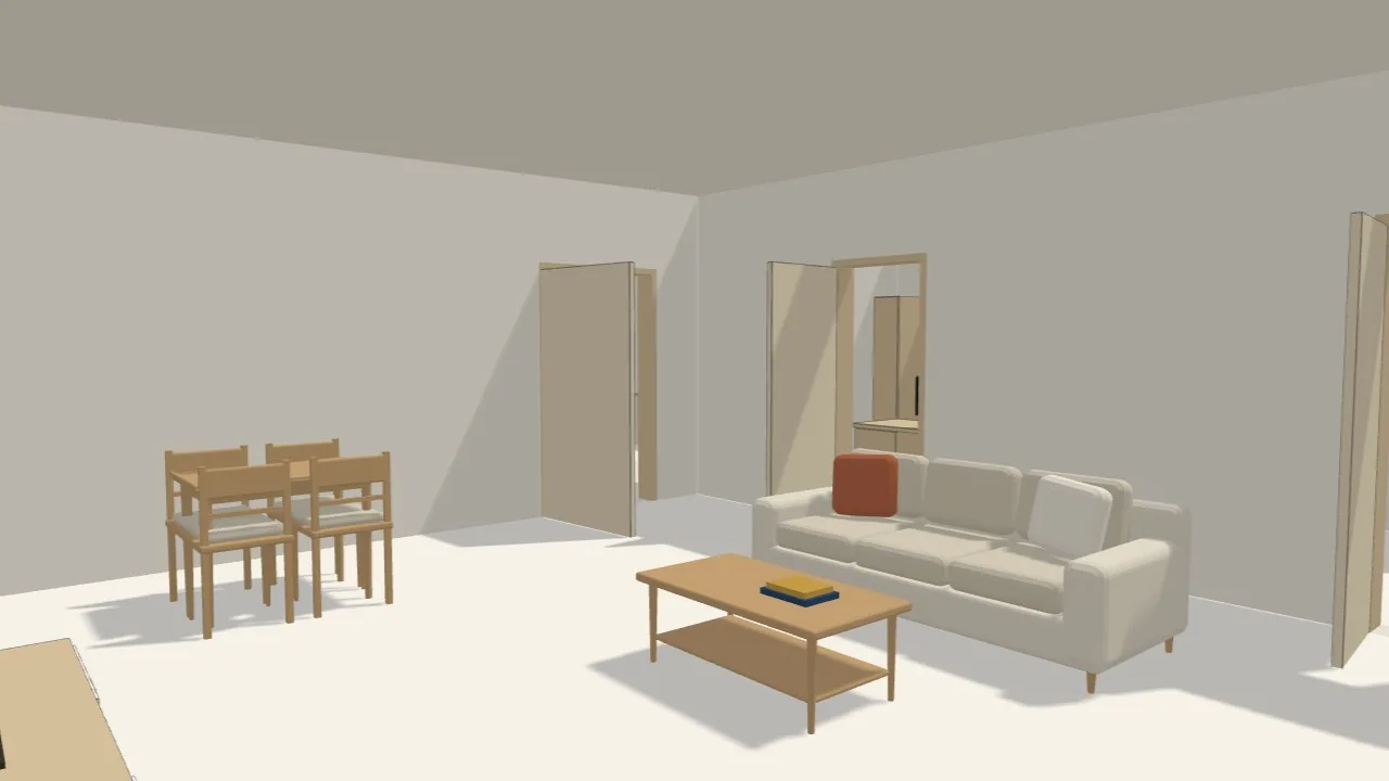 3D model of the living room: sofa, coffee table and dining table