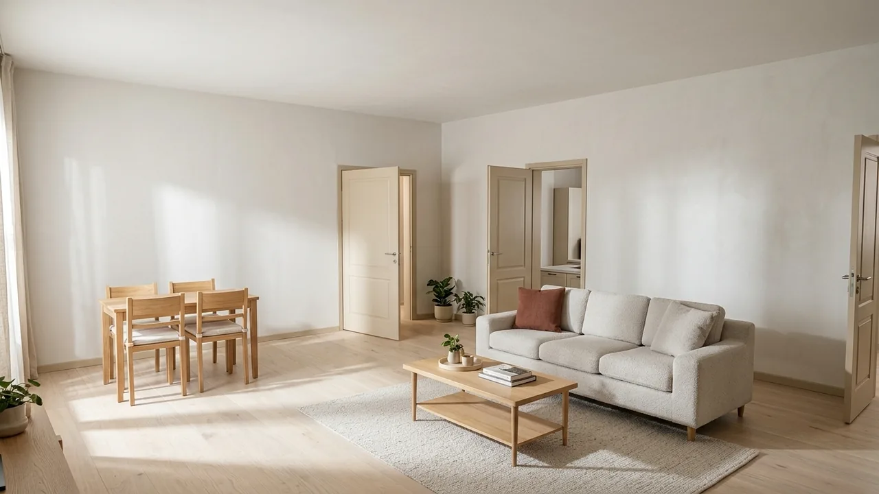 AI render of the same living room: Scandinavian style, daylight