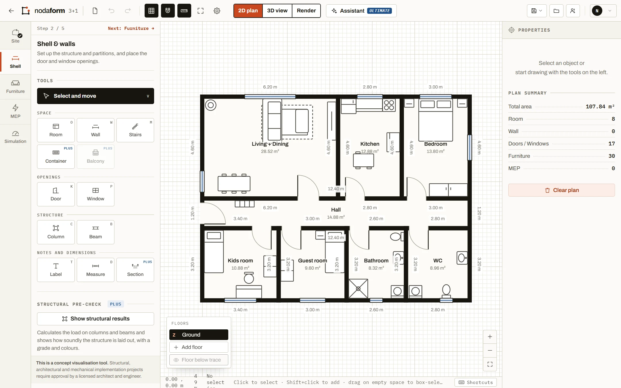 Nodaform editor: measured 2D plan of a 3-bedroom flat, tools on the left, plan summary on the right
