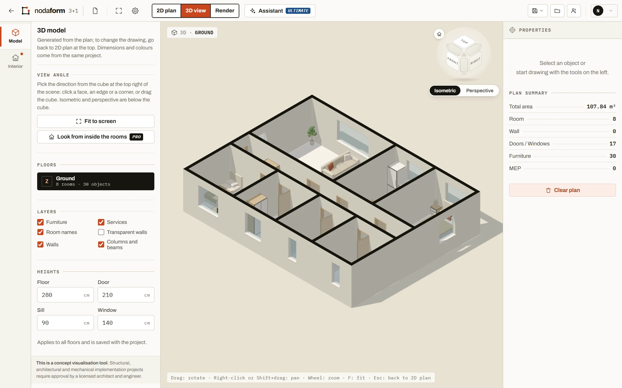 The same 3-bedroom plan in the editor’s 3D view: walls, doors, windows and furniture