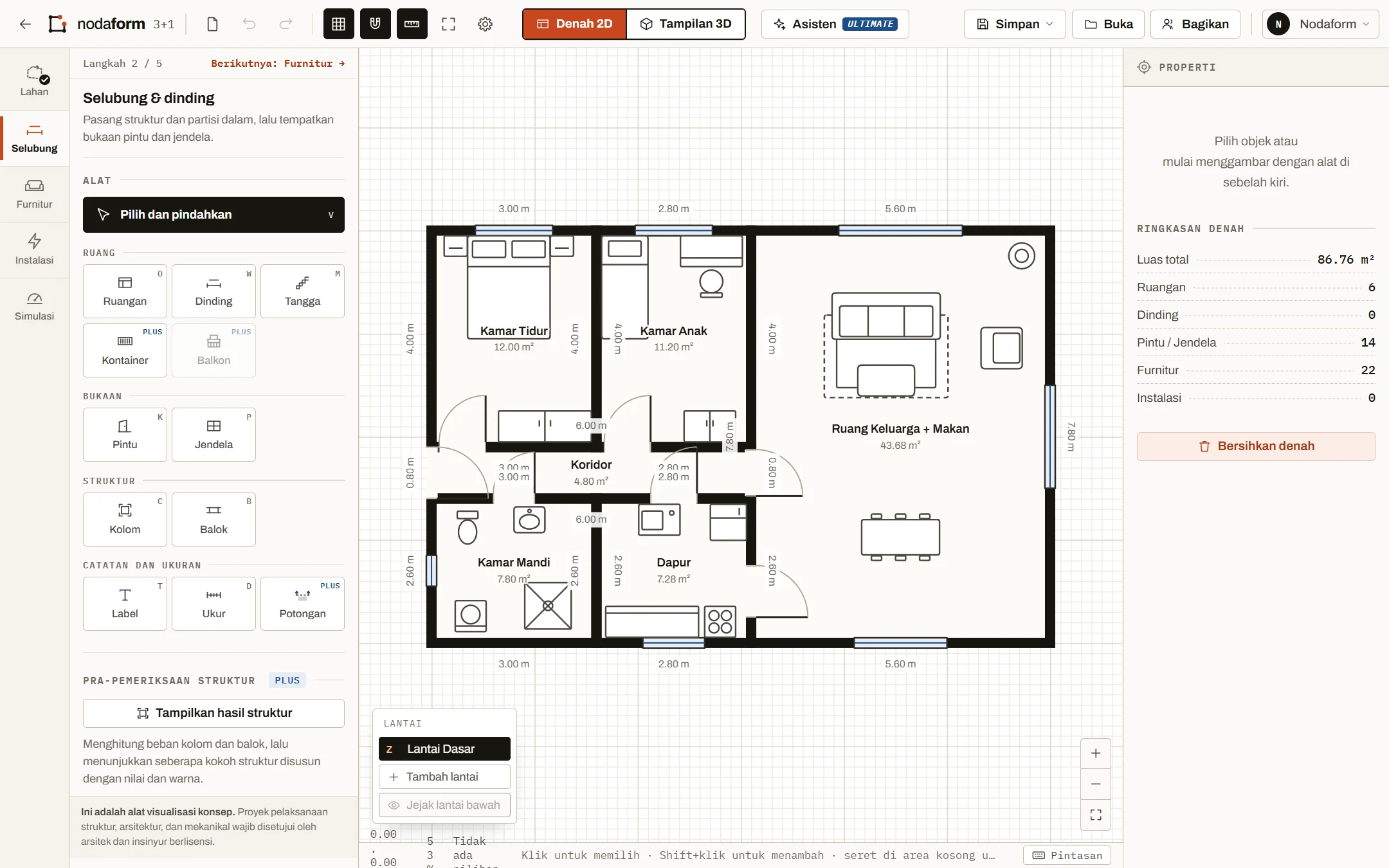 Editor Nodaform: denah 2D berukuran dari apartemen 3 kamar tidur, alat di kiri, ringkasan denah di kanan