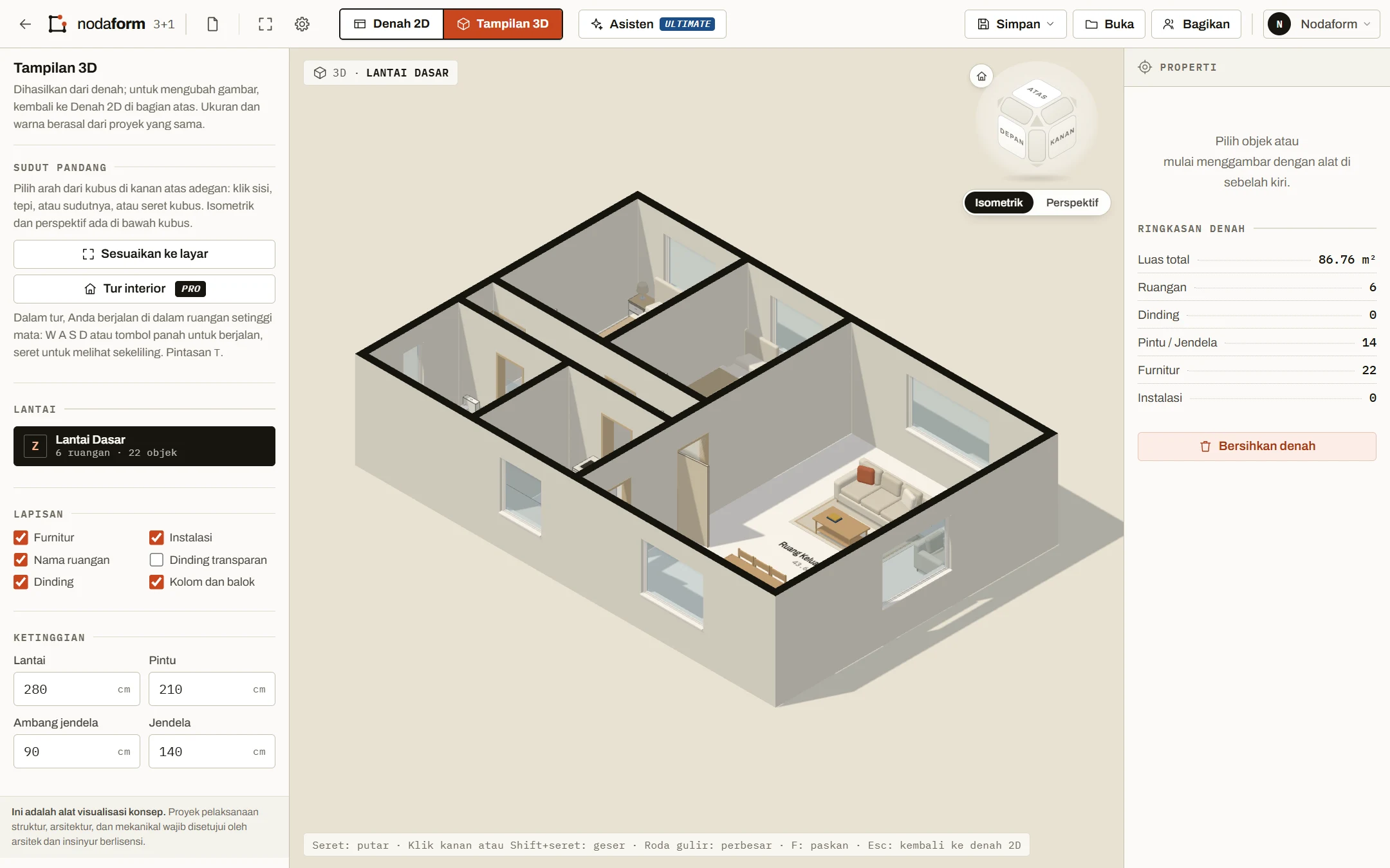 Tampilan 3D denah 3 kamar tidur yang sama di editor: dinding, pintu, jendela, dan furnitur