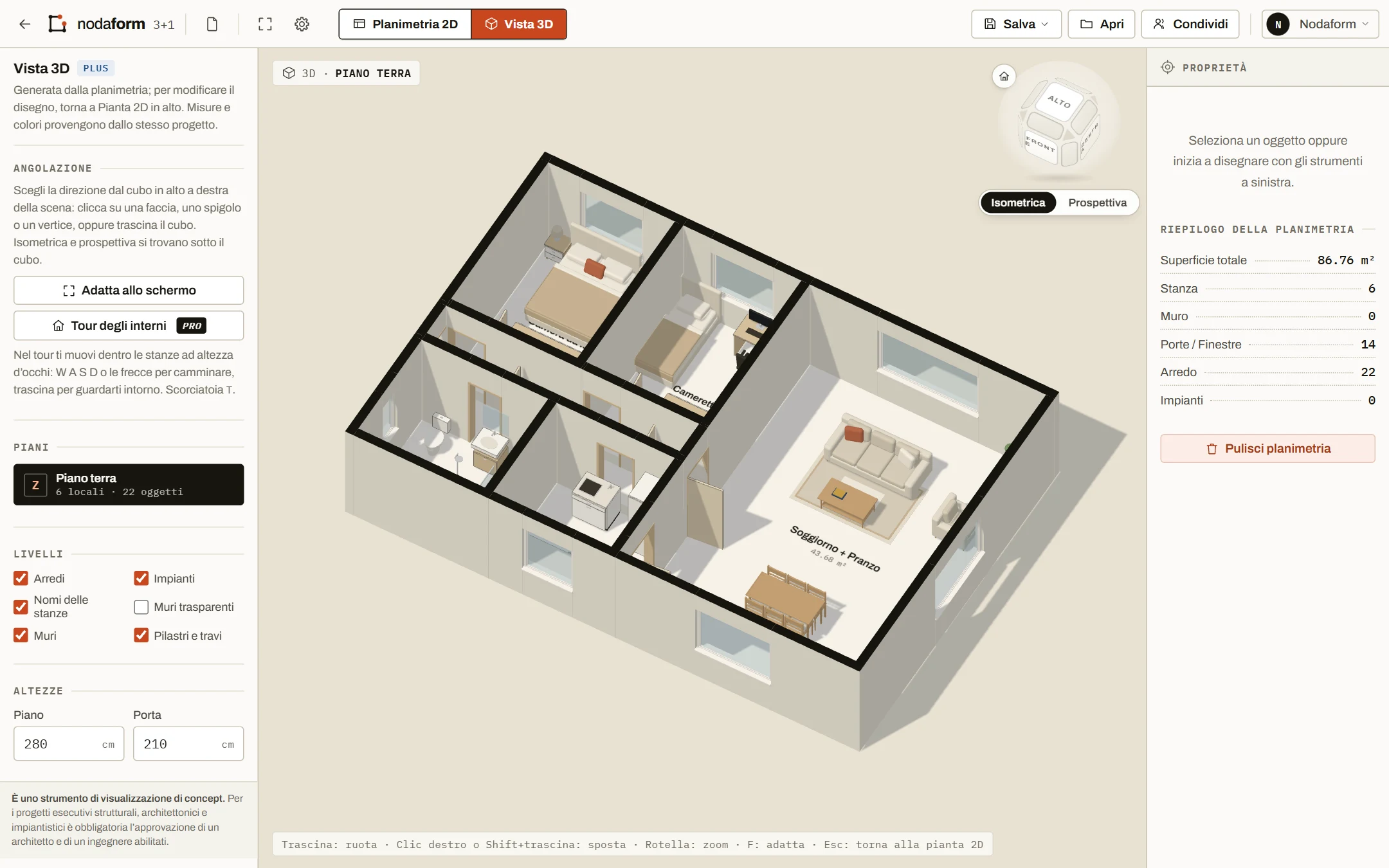 La stessa planimetria 3+1 nella vista 3D dell'editor: muri, porte, finestre e arredi