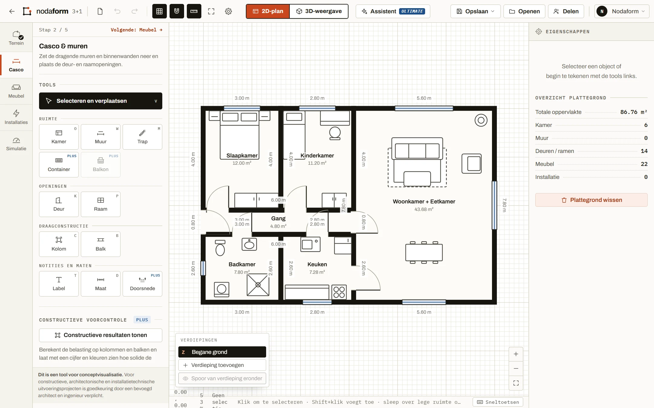 Nodaform-editor: 2D-plattegrond op schaal van een appartement met 3 slaapkamers, links de tools, rechts het planoverzicht
