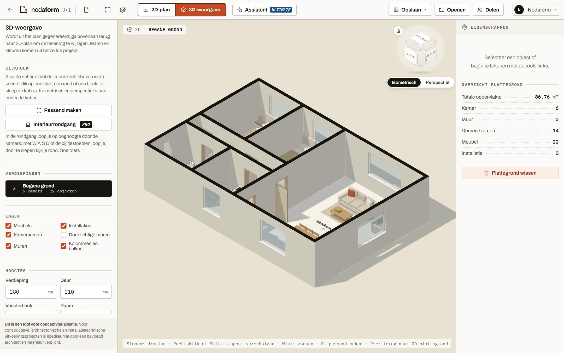 Dezelfde plattegrond met 3 slaapkamers in de 3D-weergave van de editor: muren, deuren, ramen en meubels