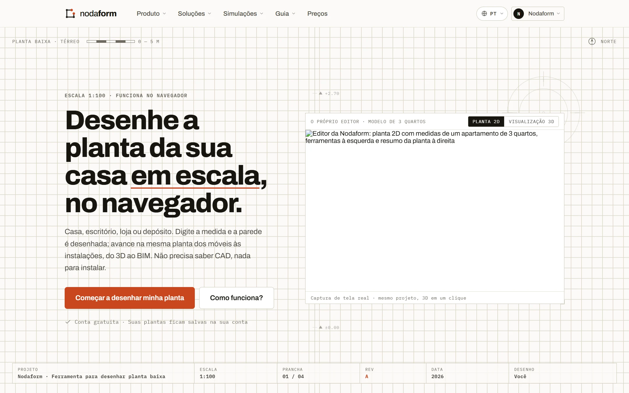 Editor da Nodaform: planta 2D com medidas de um apartamento de 3 quartos, ferramentas à esquerda e resumo da planta à direita