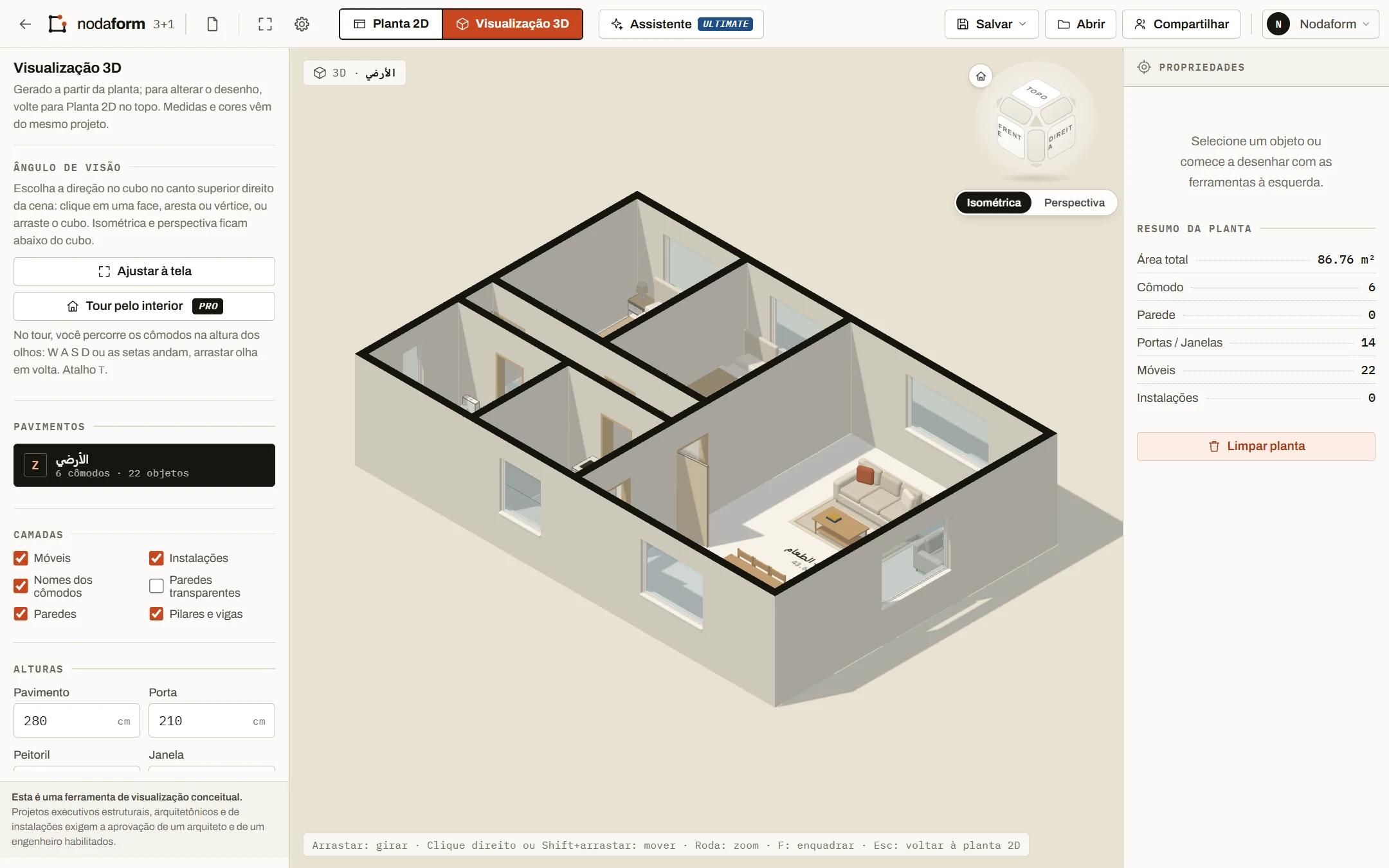 A mesma planta de 3 quartos na visualização 3D do editor: paredes, portas, janelas e móveis