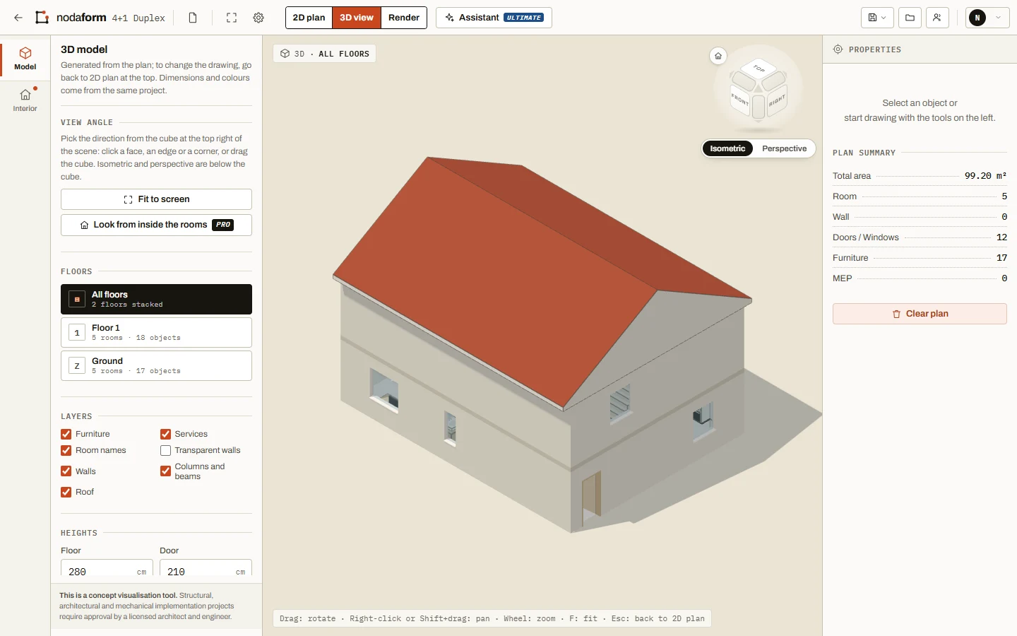 The same duplex in 3D in the editor, with a gable roof