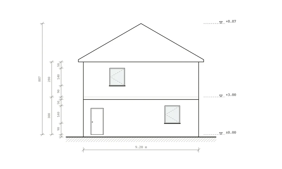 Facade elevation: doors, windows and roof
