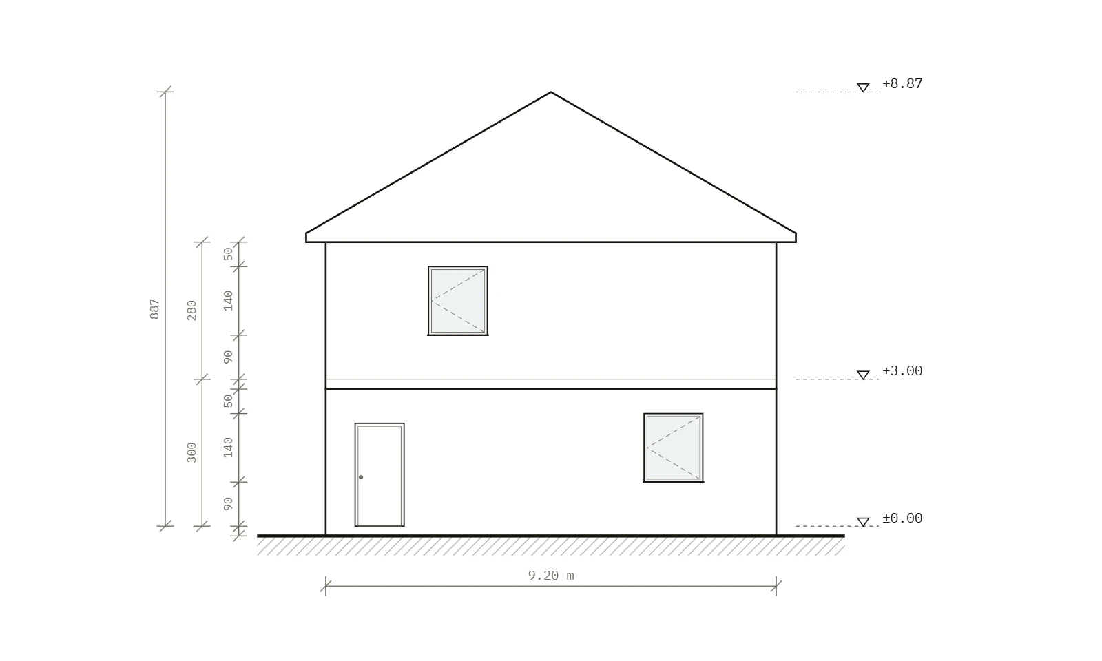 East elevation: front door, windows and the triangle of the gable roof