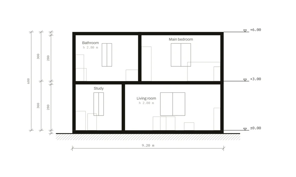 A–A building section: slabs, door and window openings, levels