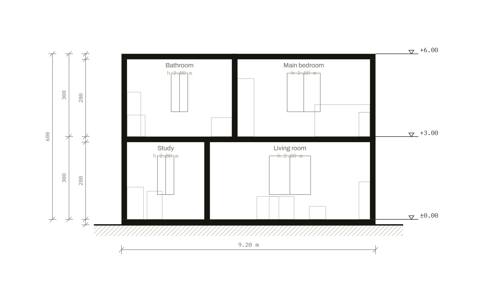 Section A–A of the plan: two floors, slabs, levels and floor heights