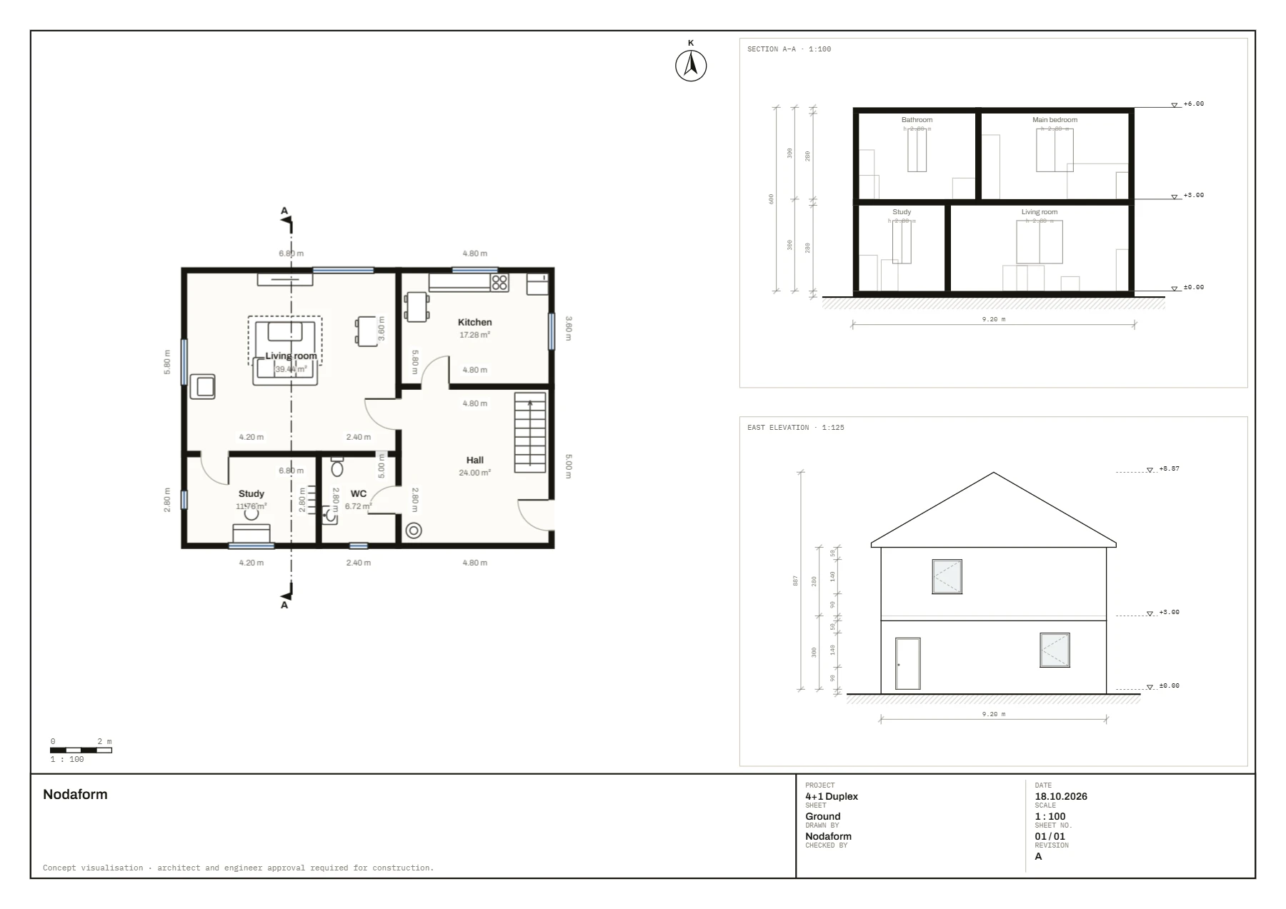 A3 sheet: ground floor plan, section A–A and east elevation, with title block