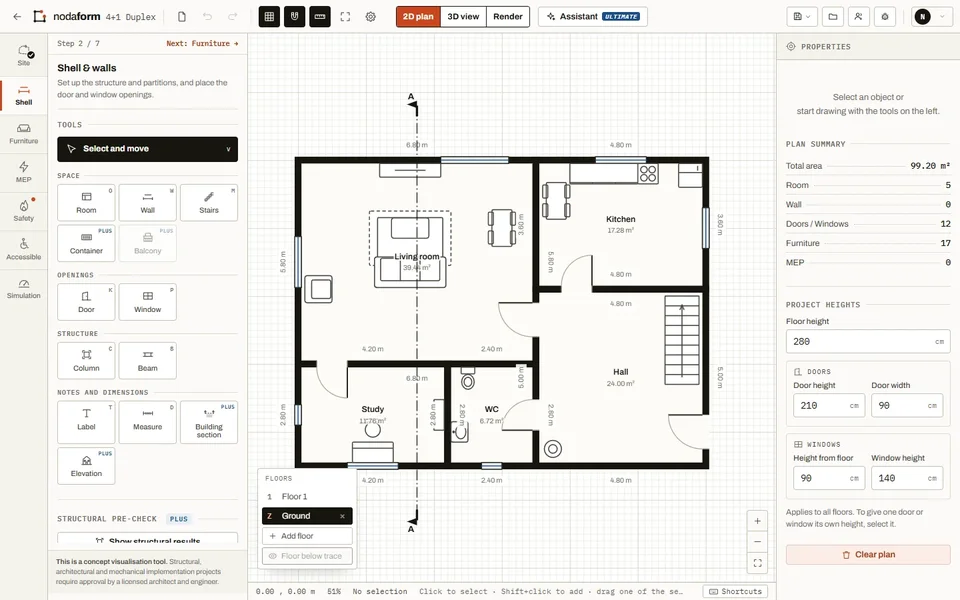 Dimensioned floor plan: room names, areas and dimension chains