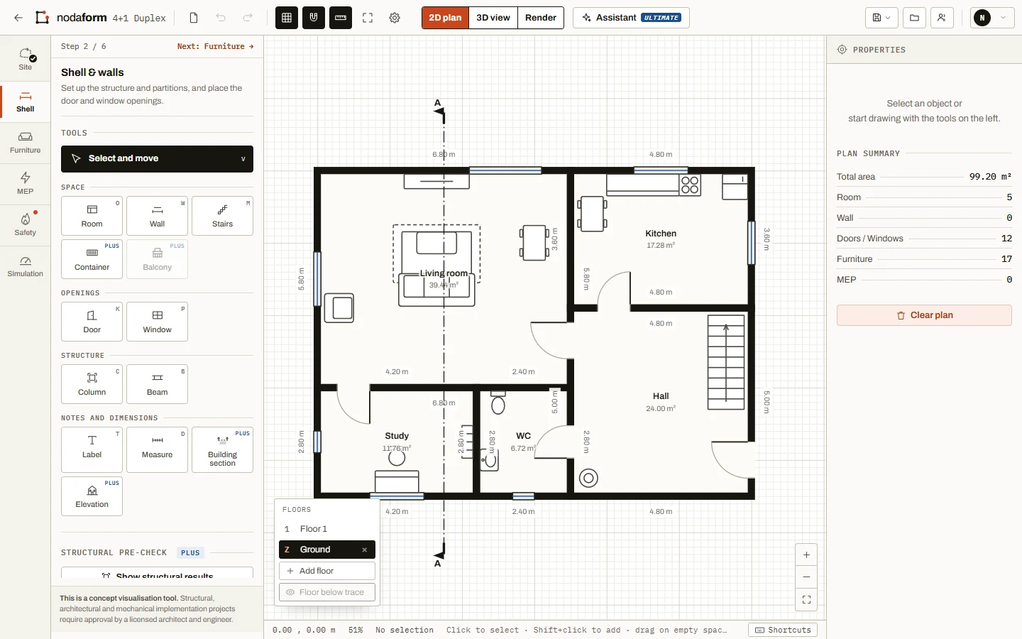 Ground floor plan of the 4+1 duplex in the editor: dimensions, room areas and section line A–A