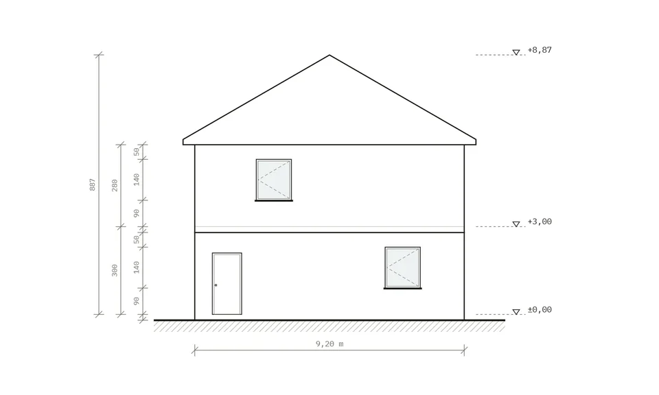 Alzado de fachada: puertas, ventanas y cubierta