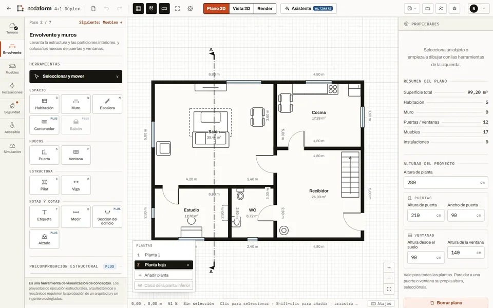 Plano de planta acotado: nombres y superficies de las habitaciones y cadenas de cotas
