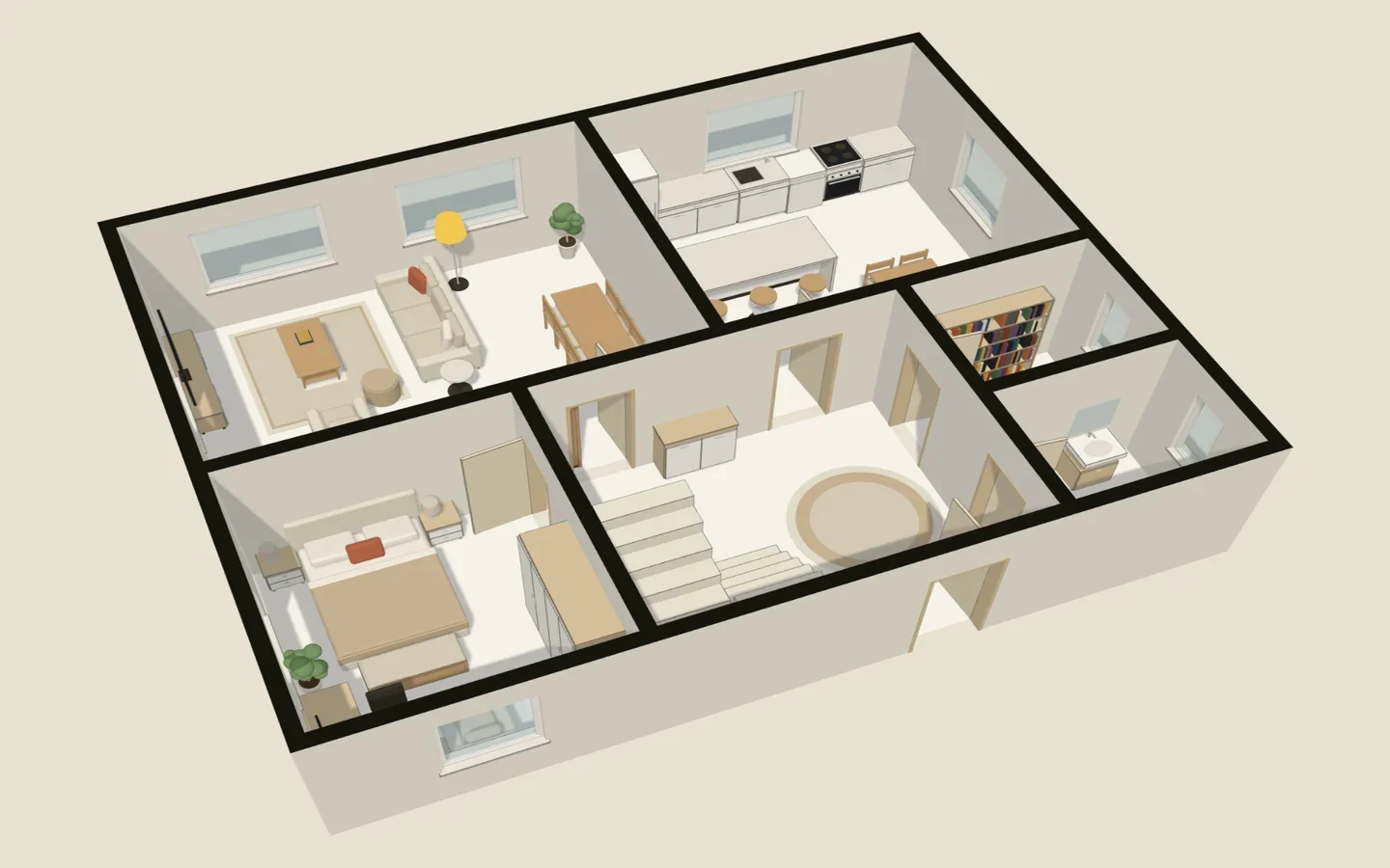 Ground floor of the same duplex in 3D: living room, kitchen, stairs and furniture seen inside the rooms