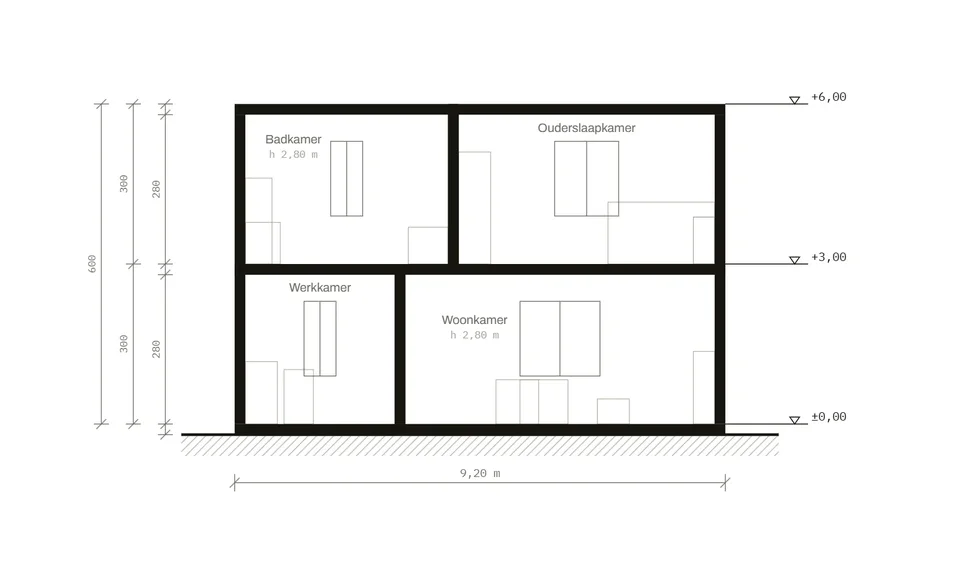 Gebouwdoorsnede A–A: vloeren, deur- en raamopeningen, peilmaten
